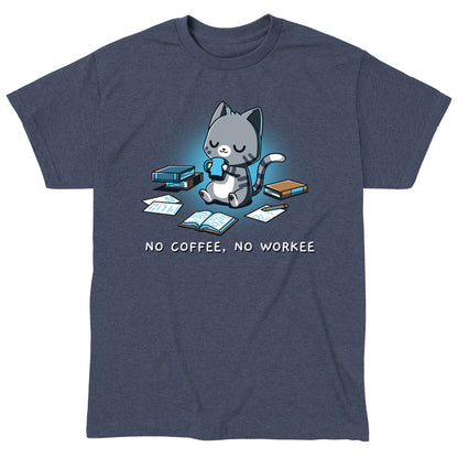 Classic Cotton T-shirt_TeeTurtle heather navy No Coffee, No Workee apparel featuring gray cat with eyes closed sipping from coffee mug. Books and papers lay around it. Caption below reads, "no coffee, no workee".