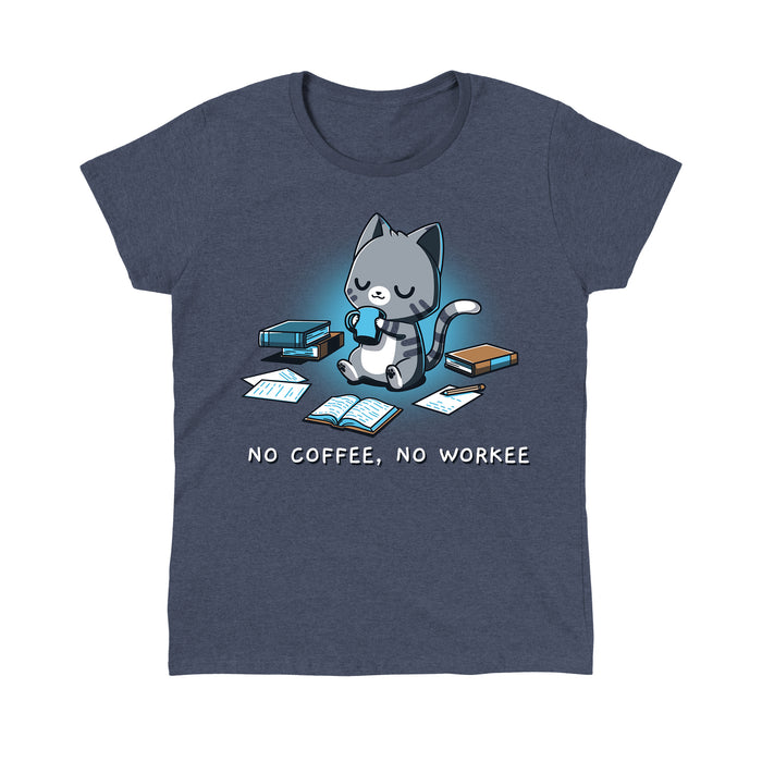 Classic Cotton T-shirt_TeeTurtle heather navy No Coffee, No Workee apparel featuring gray cat with eyes closed sipping from coffee mug. Books and papers lay around it. Caption below reads, "no coffee, no workee".