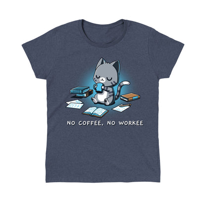 Classic Cotton T-shirt_TeeTurtle heather navy No Coffee, No Workee apparel featuring gray cat with eyes closed sipping from coffee mug. Books and papers lay around it. Caption below reads, "no coffee, no workee".