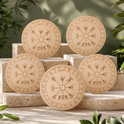 Norse Runes Crystal Grid Board, Wooden 6" Vegvisir Grid Plate