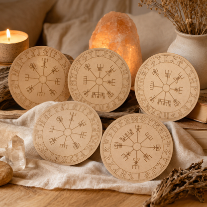 Norse Runes Crystal Grid Board, Wooden 6" Vegvisir Grid Plate