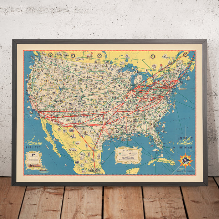 Old American Airlines Map of the USA, 1947: Airplane Routes