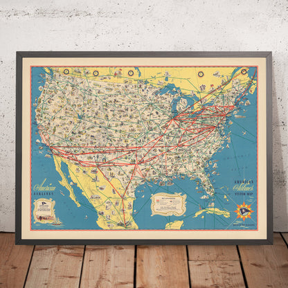 Old American Airlines Map of the USA, 1947: Airplane Routes