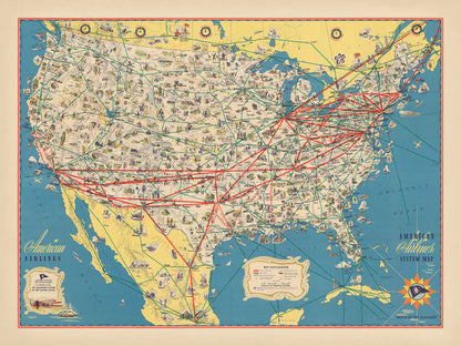 Old American Airlines Map of the USA, 1947: Airplane Routes