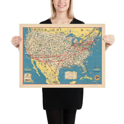 Old American Airlines Map of the USA, 1947: Airplane Routes