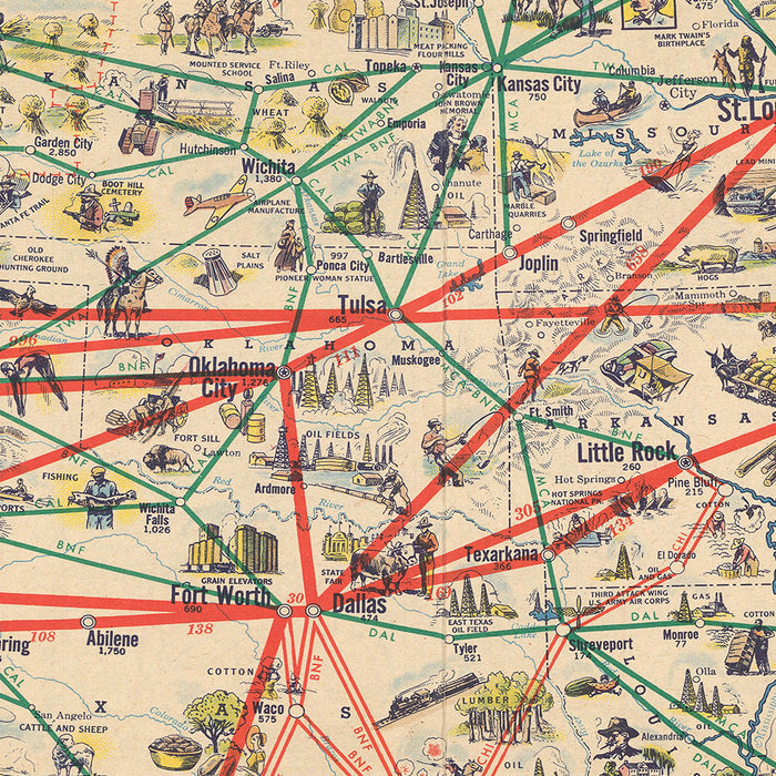 Old American Airlines Map of the USA, 1947: Airplane Routes