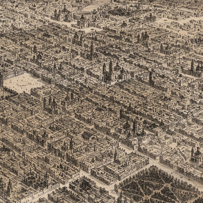 Old Birdseye Map of Mexico City by Decaen, 1862: Cathedral, Tacuba, Parks, Mountains, Plaza Mayor