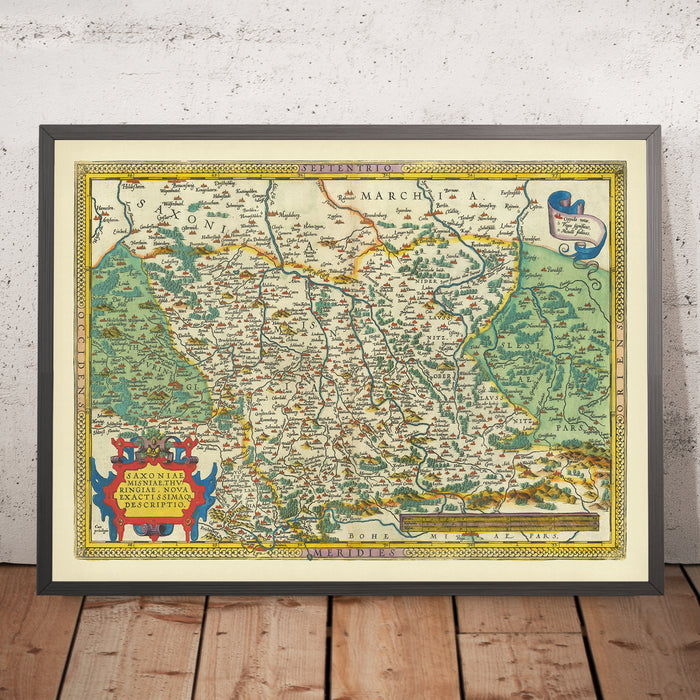 Old Map of Saxony by Ortelius, 1595: Berlin, Leipzig, Dresden, Elbe River, Ore Mountains