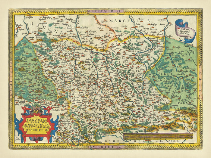 Old Map of Saxony by Ortelius, 1595: Berlin, Leipzig, Dresden, Elbe River, Ore Mountains