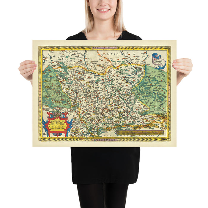 Old Map of Saxony by Ortelius, 1595: Berlin, Leipzig, Dresden, Elbe River, Ore Mountains
