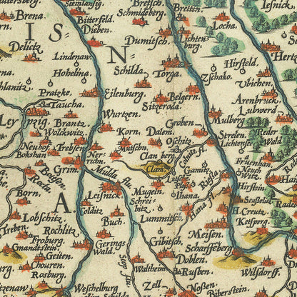 Old Map of Saxony by Ortelius, 1595: Berlin, Leipzig, Dresden, Elbe River, Ore Mountains