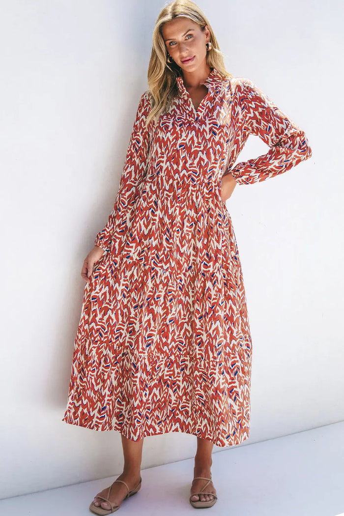 Orange Abstract Print V Neck Pleated High Waist Midi Dress - ORANGE / S / 100% POLYESTER - Dresses/Midi Dresses