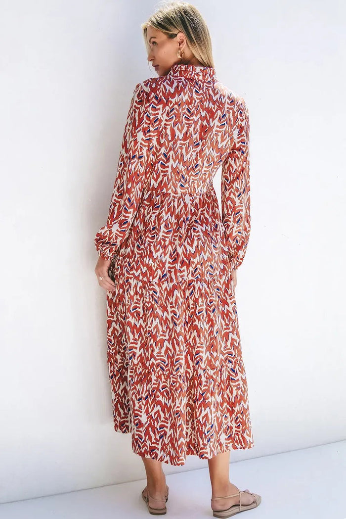 Orange Abstract Print V Neck Pleated High Waist Midi Dress - Dresses/Midi Dresses