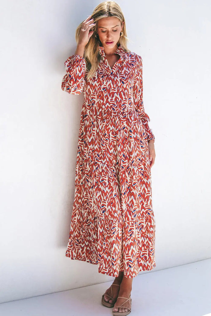 Orange Abstract Print V Neck Pleated High Waist Midi Dress - Dresses/Midi Dresses