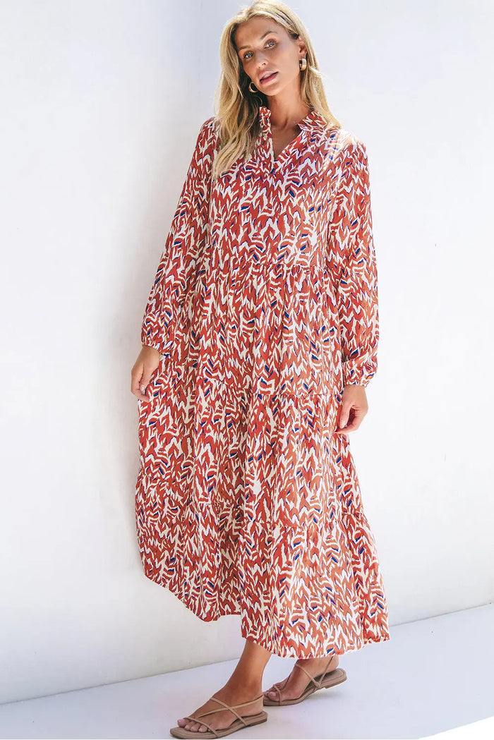 Orange Abstract Print V Neck Pleated High Waist Midi Dress - Dresses/Midi Dresses