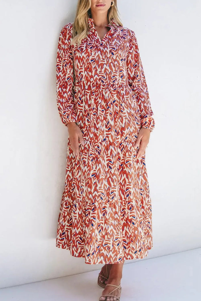 Orange Abstract Print V Neck Pleated High Waist Midi Dress - Dresses/Midi Dresses