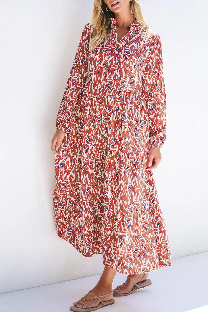 Orange Abstract Print V Neck Pleated High Waist Midi Dress - Dresses/Midi Dresses
