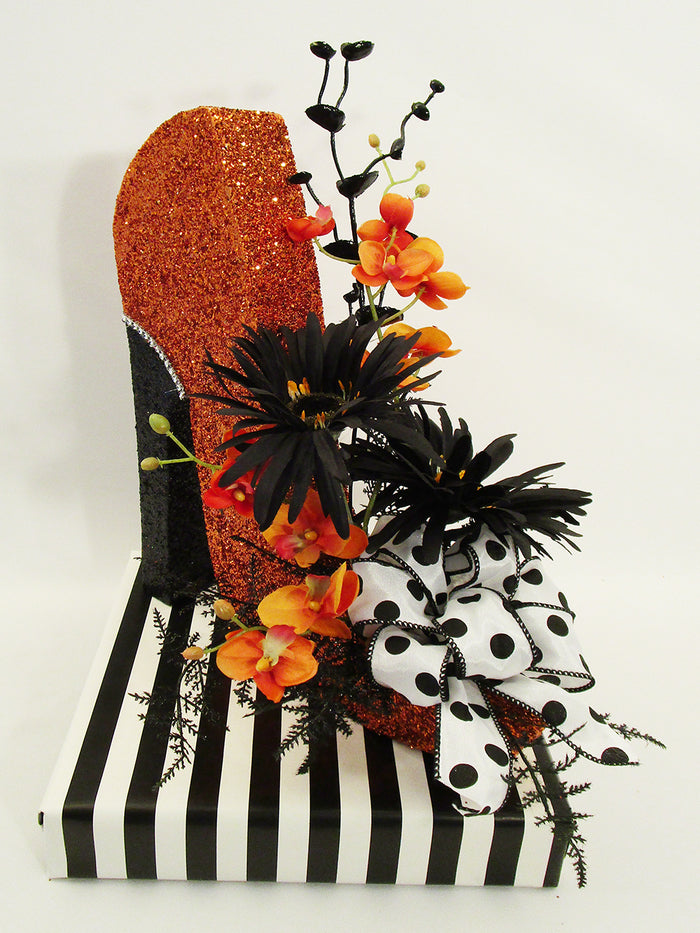 Orange and black high heel shoe centerpiece - Designs by Ginny