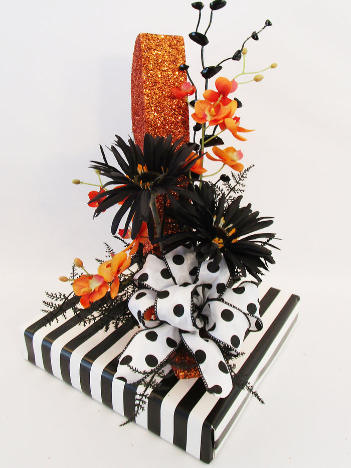 Orange and black high heel shoe centerpiece - Designs by Ginny