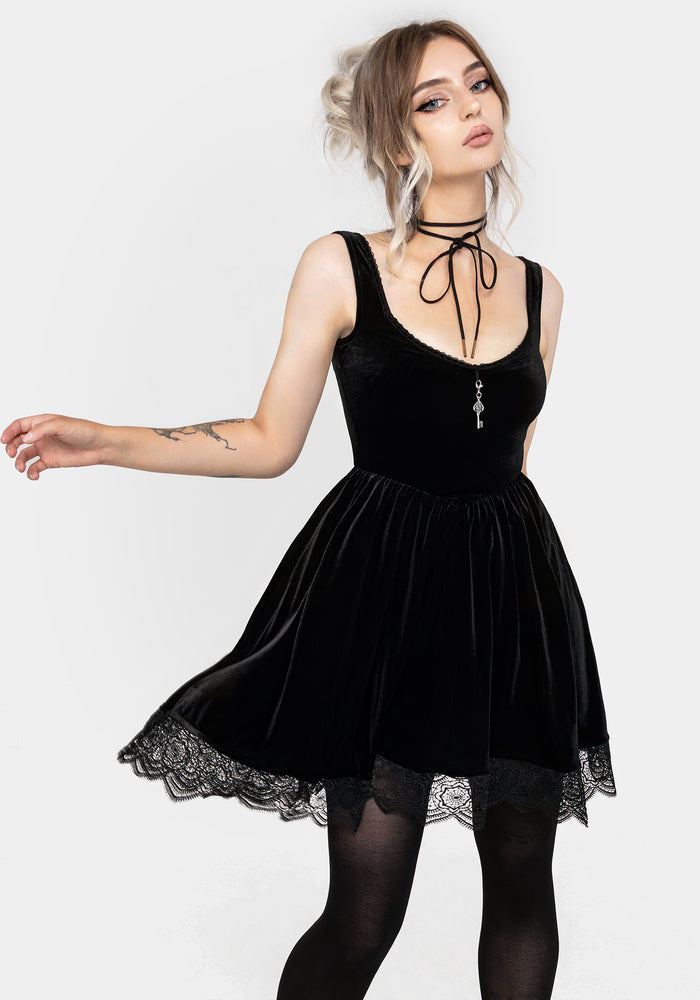 Orbweb Lace Hem Velour Mini Dress