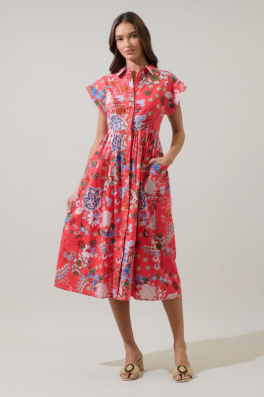 Oreanna Floral Grenola Button Up Midi Dress