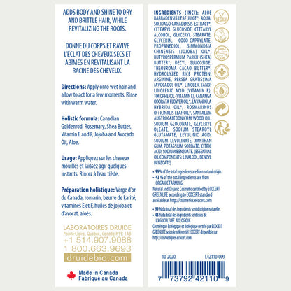 Druide Natural Hair conditioner packaging label with product benefits, ingredients, certifications, and canadian origin.