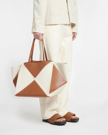 Origami Tote Large - Alt-Nappa crochet tote - Off White/Tan/Crème