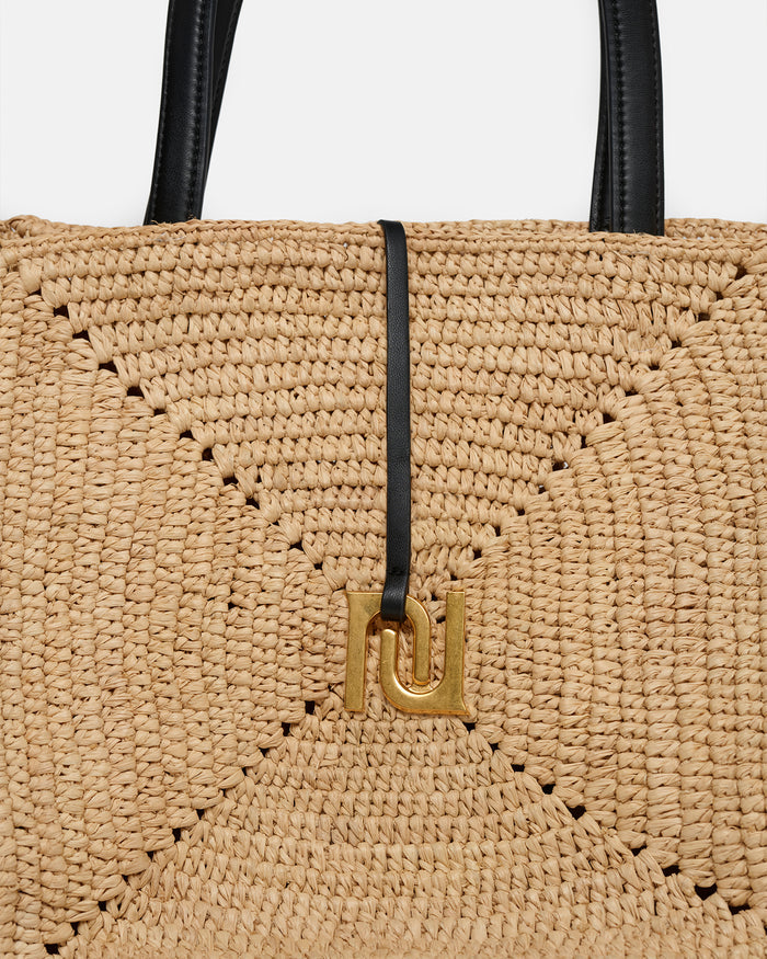 Origami Tote Large - Raffia charm tote - Natural/Black
