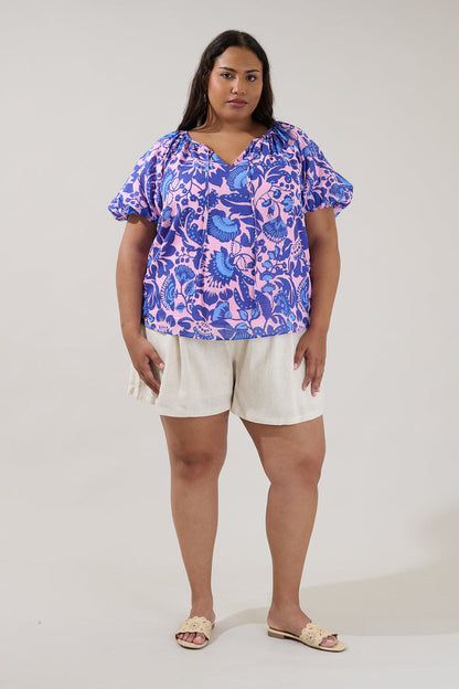 Overseas Balloon Sleeve Top Floral Curve
