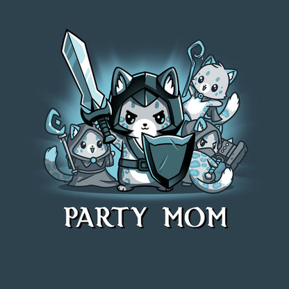 Premium Cotton T-shirt_TeeTurtle denim blue Party Mom apparel featuring a ferocious girl power cat mom holding a sword and shield surrounded by her cubs holding various tabletop gaming weapons.