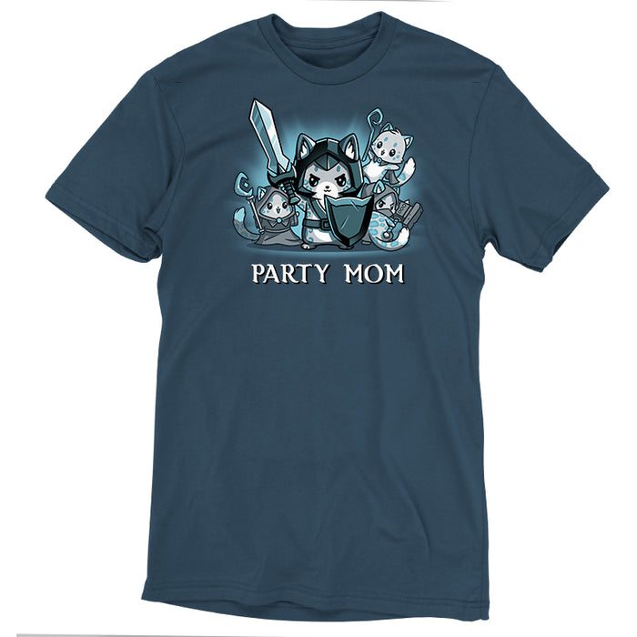 Premium Cotton T-shirt_TeeTurtle denim blue Party Mom apparel featuring a ferocious girl power cat mom holding a sword and shield surrounded by her cubs holding various tabletop gaming weapons.