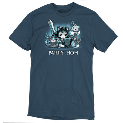 Premium Cotton T-shirt_TeeTurtle denim blue Party Mom apparel featuring a ferocious girl power cat mom holding a sword and shield surrounded by her cubs holding various tabletop gaming weapons.