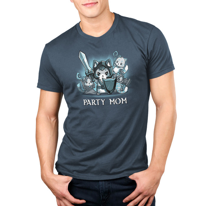 Premium Cotton T-shirt_TeeTurtle denim blue Party Mom apparel featuring a ferocious girl power cat mom holding a sword and shield surrounded by her cubs holding various tabletop gaming weapons.