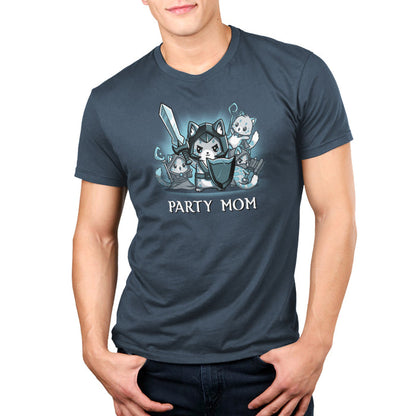 Premium Cotton T-shirt_TeeTurtle denim blue Party Mom apparel featuring a ferocious girl power cat mom holding a sword and shield surrounded by her cubs holding various tabletop gaming weapons.