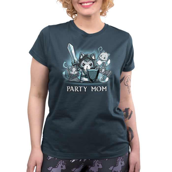 Premium Cotton T-shirt_TeeTurtle denim blue Party Mom apparel featuring a ferocious girl power cat mom holding a sword and shield surrounded by her cubs holding various tabletop gaming weapons.