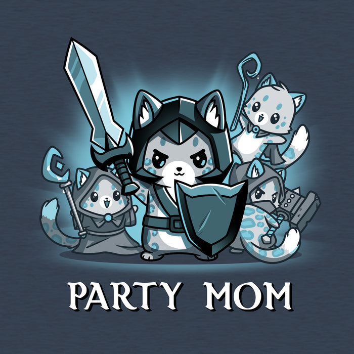 Classic Cotton T-shirt_TeeTurtle heather navy Party Mom apparel featuring a ferocious girl power cat mom holding a sword and shield surrounded by her cubs holding various tabletop gaming weapons.