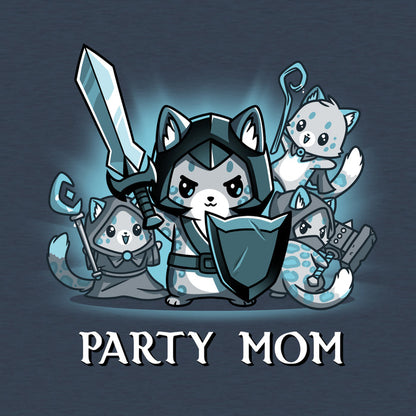 Classic Cotton T-shirt_TeeTurtle heather navy Party Mom apparel featuring a ferocious girl power cat mom holding a sword and shield surrounded by her cubs holding various tabletop gaming weapons.