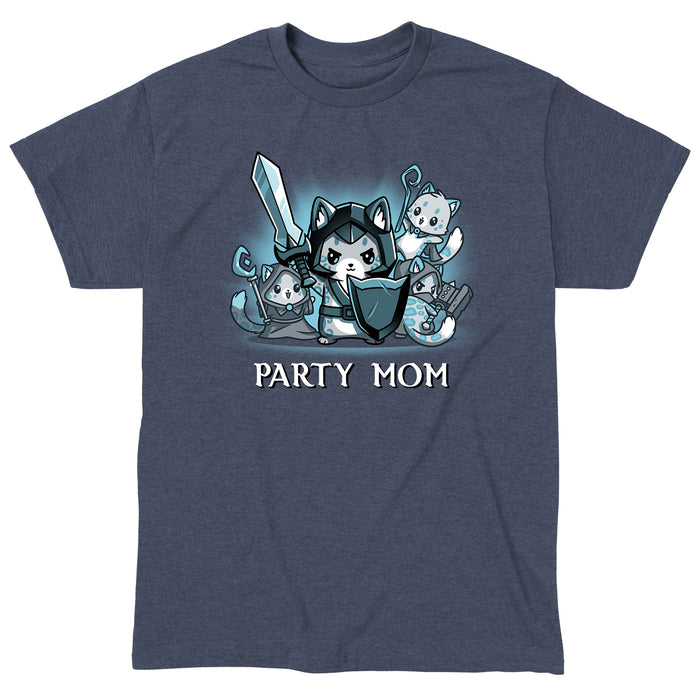 Classic Cotton T-shirt_TeeTurtle heather navy Party Mom apparel featuring a ferocious girl power cat mom holding a sword and shield surrounded by her cubs holding various tabletop gaming weapons.