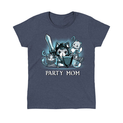 Classic Cotton T-shirt_TeeTurtle heather navy Party Mom apparel featuring a ferocious girl power cat mom holding a sword and shield surrounded by her cubs holding various tabletop gaming weapons.