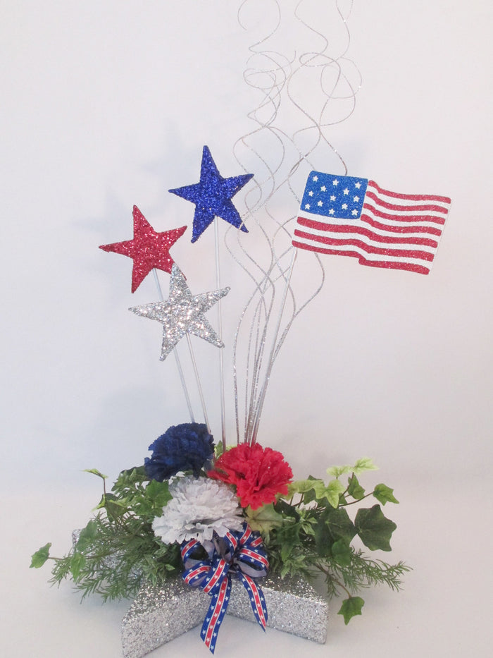 Patriotic stars, red,white & blue flowers, flag centerpiece - Designs by Ginny,