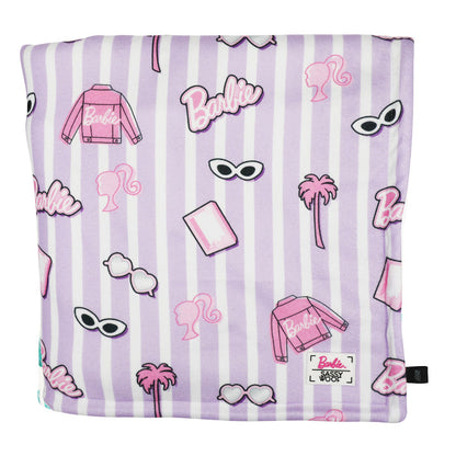The Sassy Woof Pet Blanket - BARBIE™ Closet Goals features light purple and white stripes with Barbie-themed icons like sunglasses, palm trees, the Barbie logo, pink jackets, and Barbie’s silhouette.