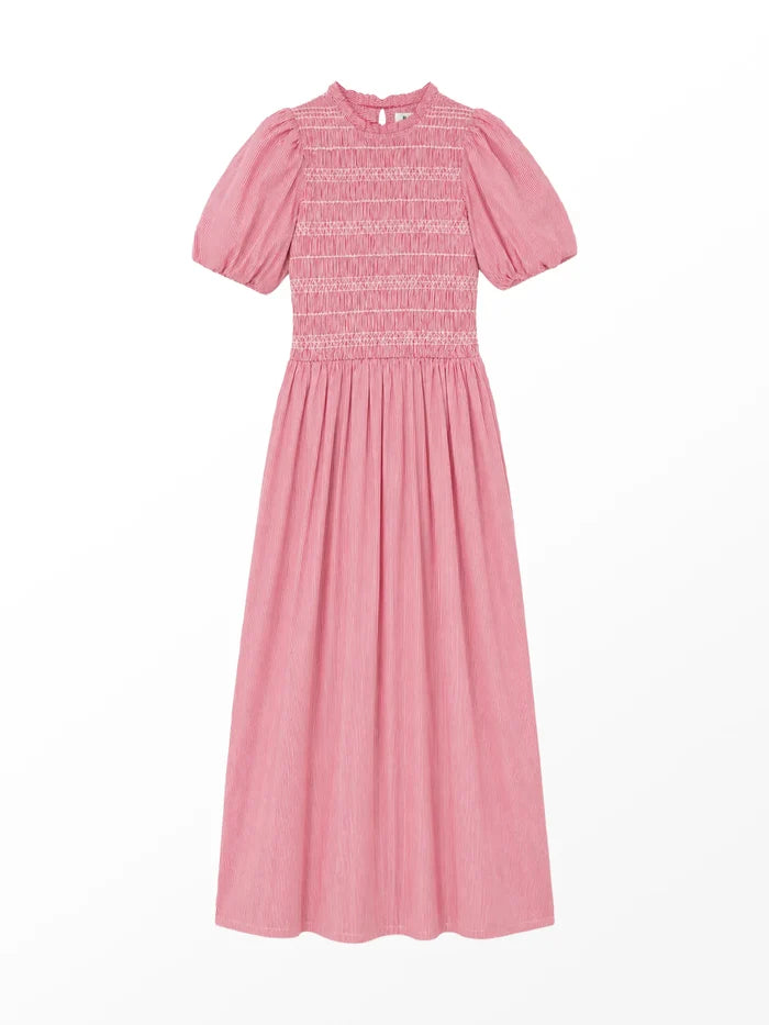 Red stripe midi dress with shirred bodice, puff sleeves, frill neckline and flowing skirt.