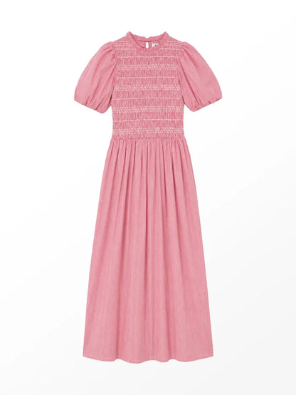 Red stripe midi dress with shirred bodice, puff sleeves, frill neckline and flowing skirt.