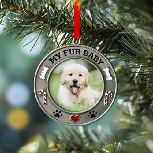 Pewter Fur Baby Pet Photo Ornament on Christmas Tree