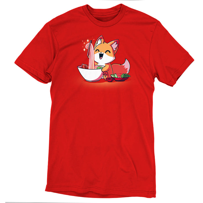 Premium Cotton T-shirt_TeeTurtle Pho Fox red apparel featuring a happy fox eating a bowl of pho noodles.