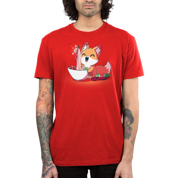 Premium Cotton T-shirt_TeeTurtle Pho Fox red apparel featuring a happy fox eating a bowl of pho noodles.