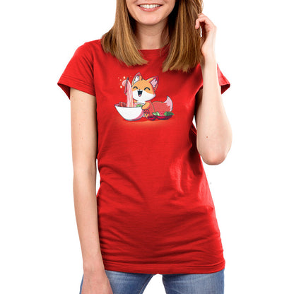Premium Cotton T-shirt_TeeTurtle Pho Fox red apparel featuring a happy fox eating a bowl of pho noodles.