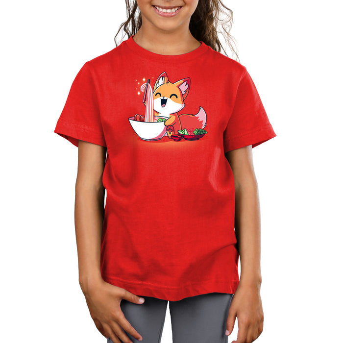 Premium Cotton T-shirt_TeeTurtle Pho Fox red apparel featuring a happy fox eating a bowl of pho noodles.