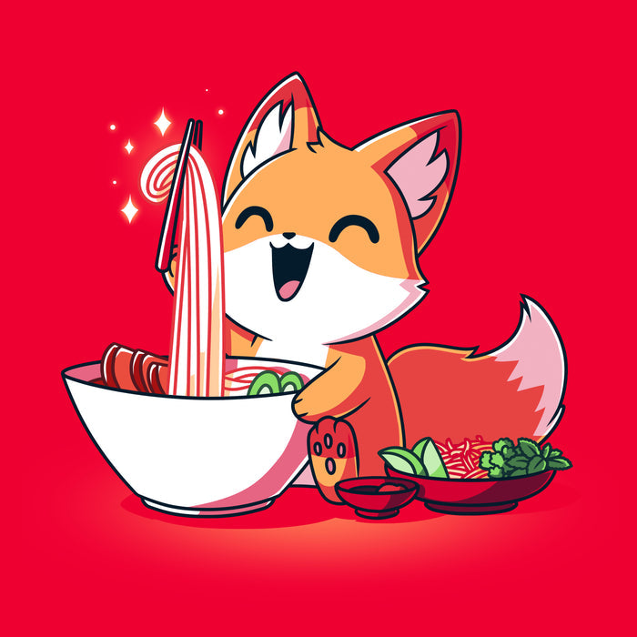 Classic Cotton T-shirt_TeeTurtle Pho Fox red apparel featuring a happy fox eating a bowl of pho noodles.