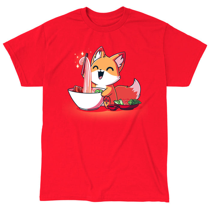 Classic Cotton T-shirt_TeeTurtle Pho Fox red apparel featuring a happy fox eating a bowl of pho noodles.